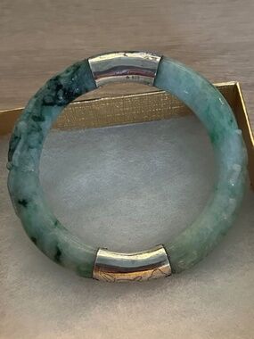 Antique Sterling Silver 925 Natural Jadeite Jade Bangle Bracelet Handmade 55g
